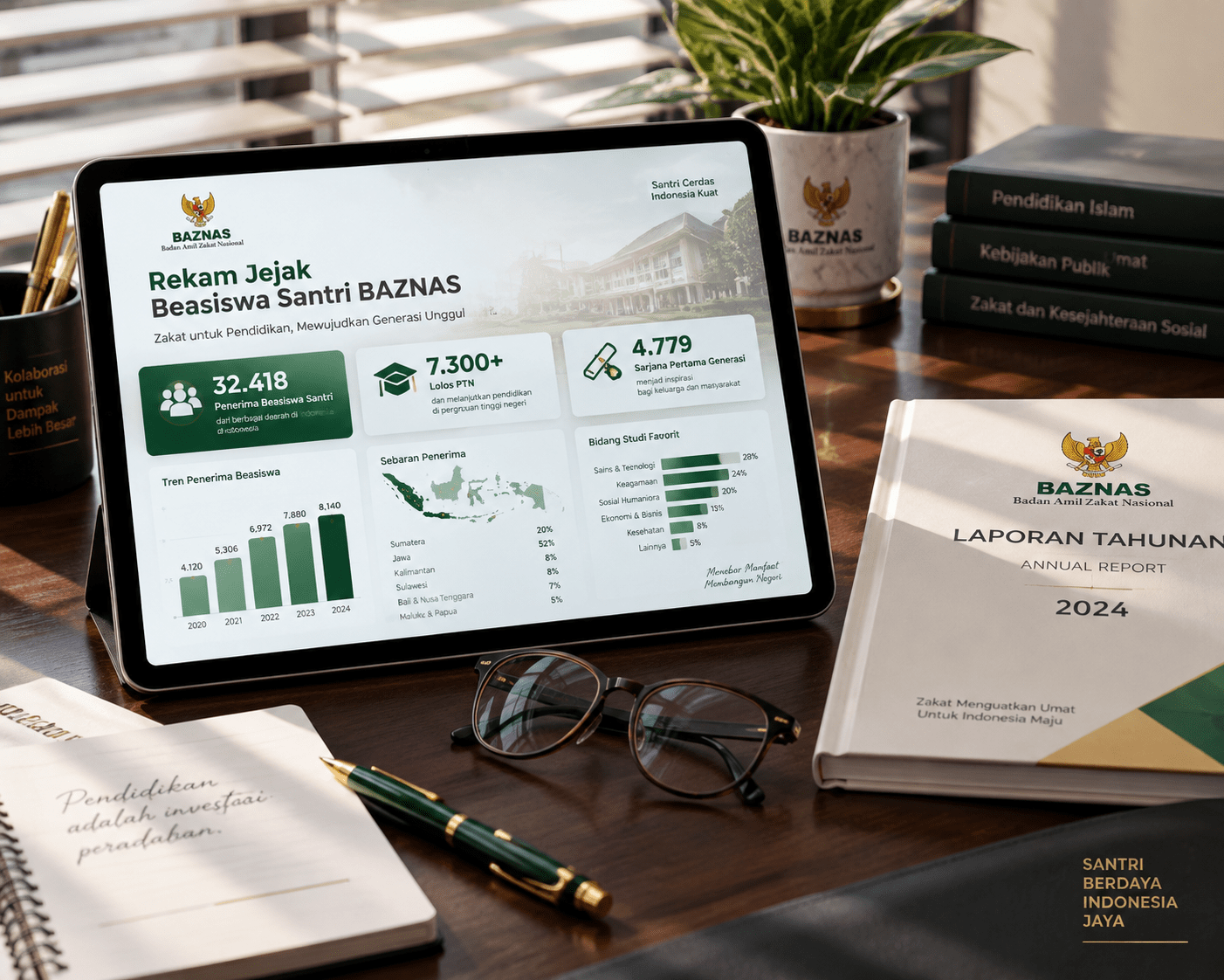Infografik data rekam jejak 32.418 penerima Beasiswa Santri Baznas dan capaian kelulusan PTN pada layar tablet.