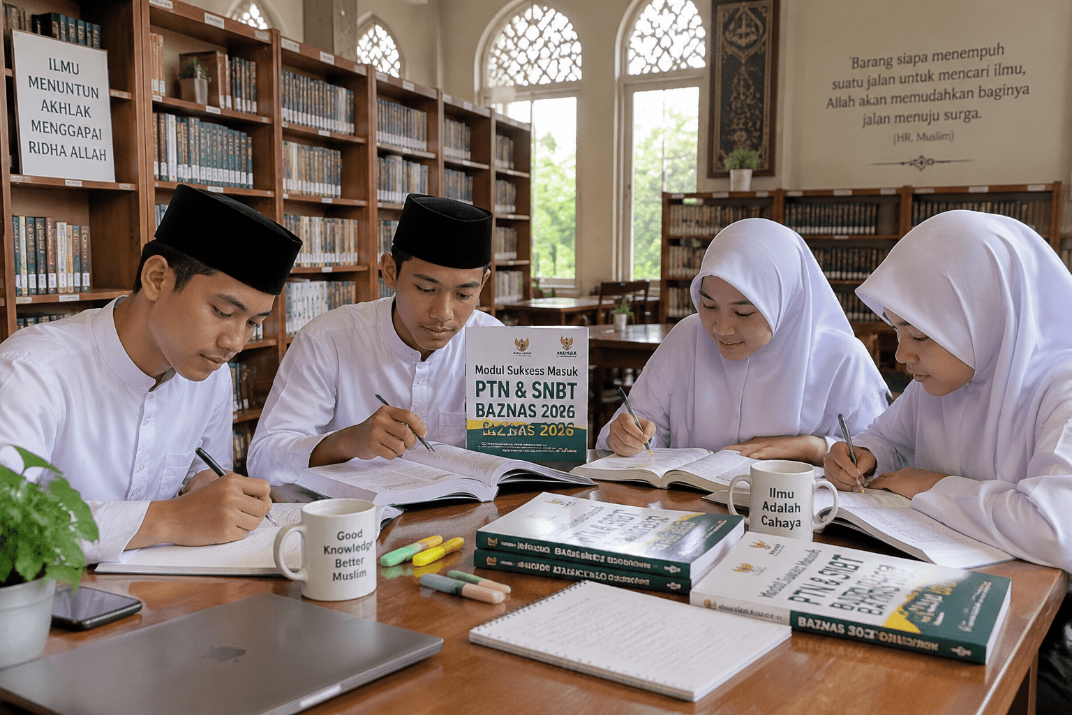Santri kelas 12 belajar intensif menggunakan modul persiapan seleksi masuk perguruan tinggi negeri di perpustakaan pondok.