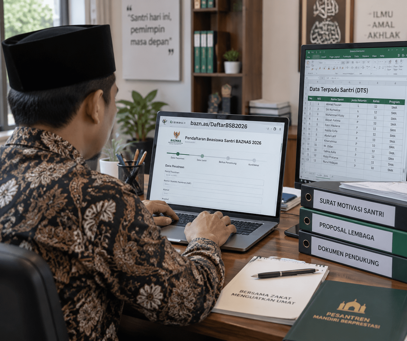 Pengurus pesantren mengunggah data santri kolektif melalui portal pendaftaran resmi Beasiswa Santri Baznas.