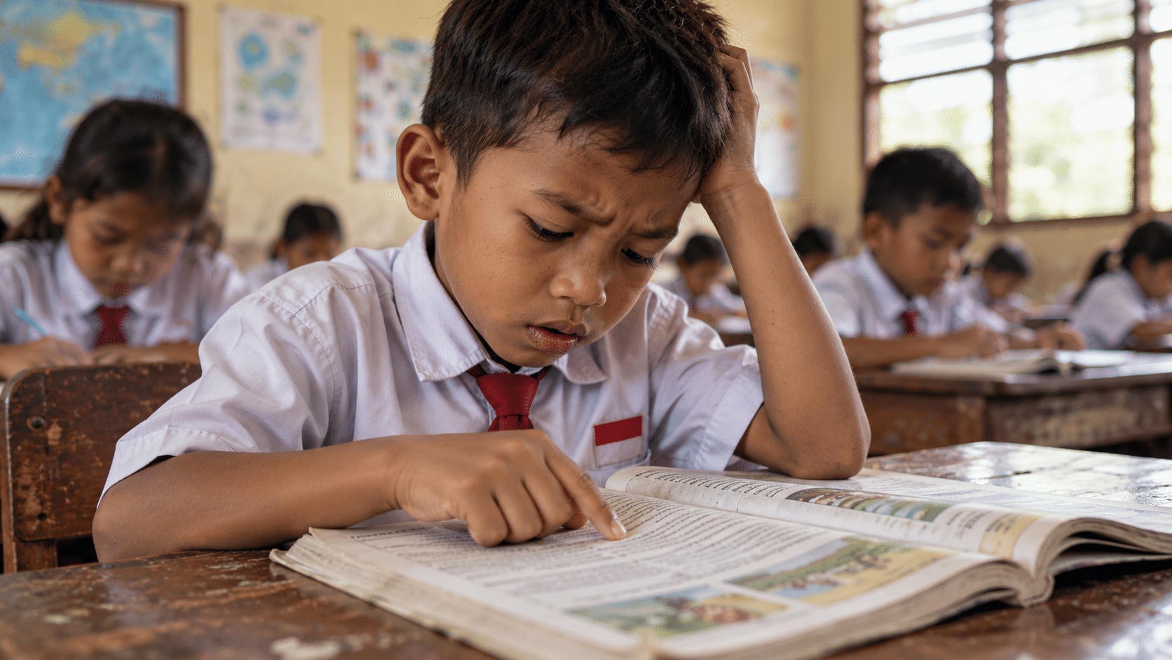 Siswa sekolah dasar terlihat kesulitan mengeja kata di buku teks, mencerminkan kekhawatiran minimnya kompetensi dasar baca-tulis.