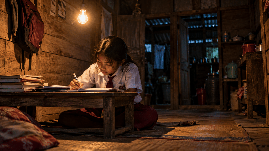 Seorang siswa belajar di rumah berdinding kayu dengan penerangan seadanya, merepresentasikan risiko kesenjangan fasilitas belajar.