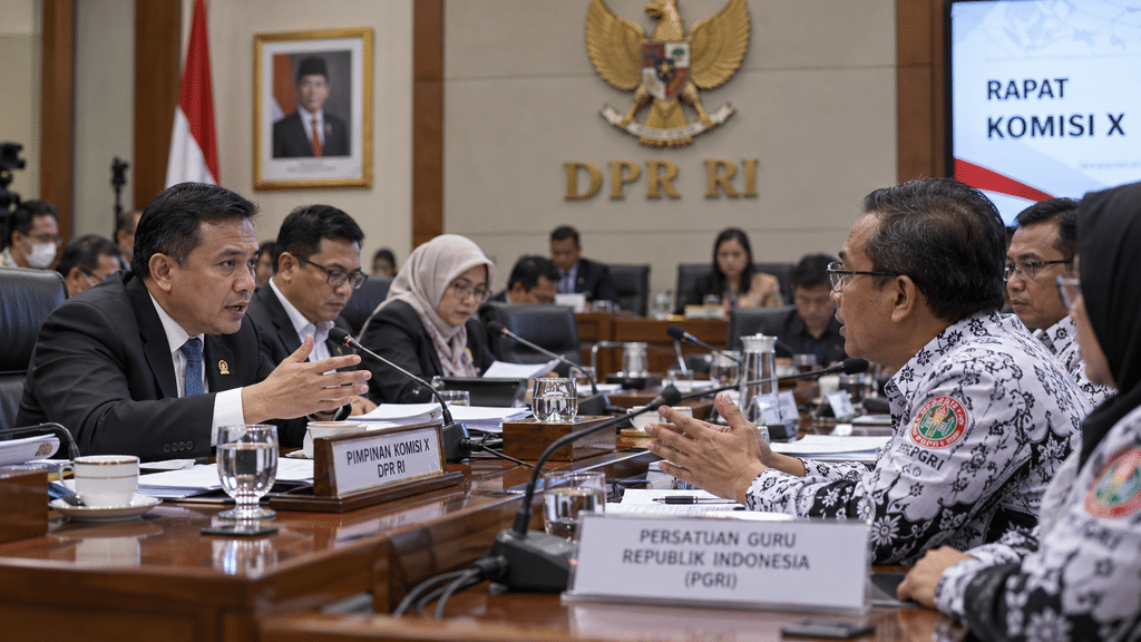 Rapat dengar pendapat antara anggota dewan dan perwakilan guru yang membahas pro-kontra implementasi pengetatan syarat kelulusan.