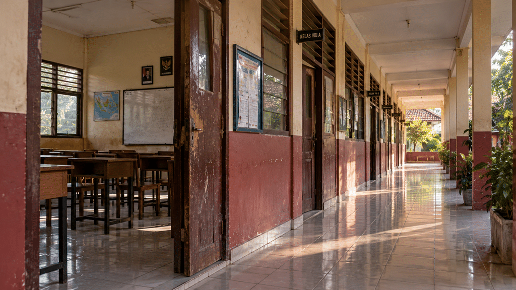 Lorong sekolah yang sepi mencerminkan ketidakpastian detail regulasi teknis yang belum dirilis oleh pemerintah.