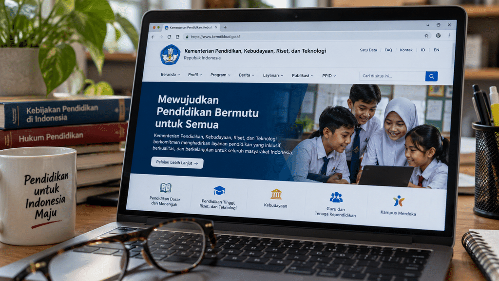 Layar laptop menampilkan beranda situs web resmi JDIH Kementerian Pendidikan untuk mencari rilis peraturan resmi terbaru.