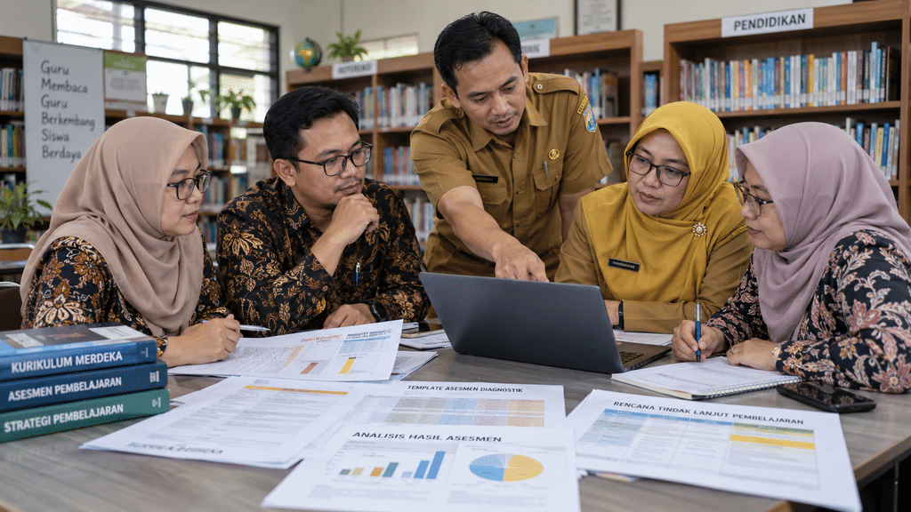 Sekelompok guru berdiskusi dalam sesi Kelompok Kerja Guru (KKG) merancang strategi remedial dan asesmen awal siswa.