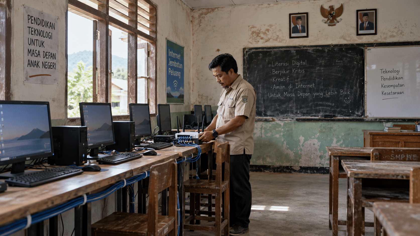 Papan tulis kelas memuat ringkasan konsep pendekatan pembelajaran kurikulum STEM 5M dan koding dasar.