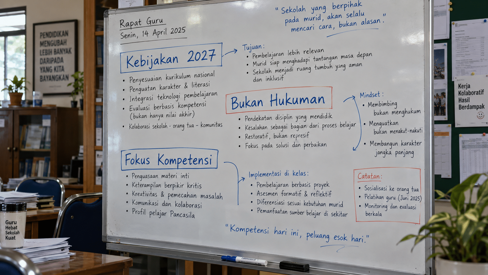 Catatan di papan tulis ruang staf yang menyoroti poin-poin "bukan hukuman" dan "kompetensi dasar" terkait arahan kementerian.