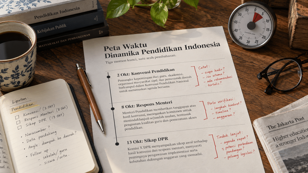 Buku catatan dan kalender meja yang memuat linimasa awal mula wacana kebijakan pendidikan pada Oktober 2026.